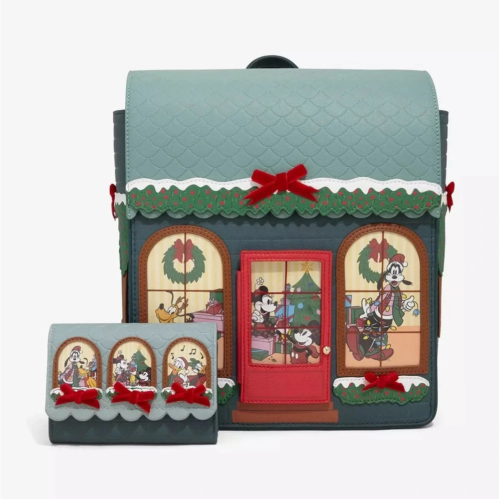 Disney Holiday House Backpack and Wallet in Teal, Red, Green, Brown